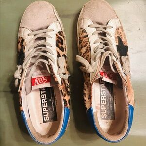 Golden Goose Leopard Print Sneakers with Blue Accents